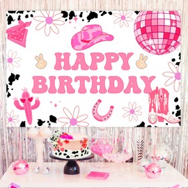 5 * 3ft Disco Cowgirl Birthday Party Backdrop Decorations Space Cowgirl Birthday Party Decorations Western Cowgirl Happy Birthday Backdrop with Groovy Disco Ball Decorations for Girls Women