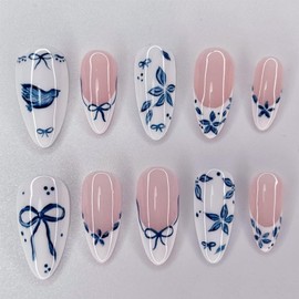 24Pcs Almond Press on Nails Medium French Tip Fake Nails with Blue Flower Bow Design White Glossy False Nails Full Cover Reusable Glue on Nails Spring Summer Stick on Nails for Women Manicure