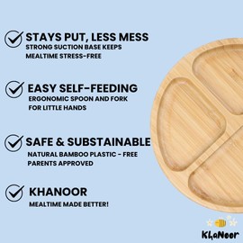 KhaNoor Bamboo Toddler Plate & Bowl Set with Strong Suction – Includes Plate, Bowl, Spoon & Fork – Baby Plates with Suction for Baby Led Weaning, Kids Feeding Essentials, Non-Toxic & BPA Free (White)