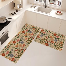 SHIYUE Boho Kitchen Mat Set of 2, Colorful Spring Flower Kitchen Rugs Farmhouse Modern, Non Skid Washable Rubber Runner Rugs, Kitchen Decor Accessories（17x47in+17x30in）