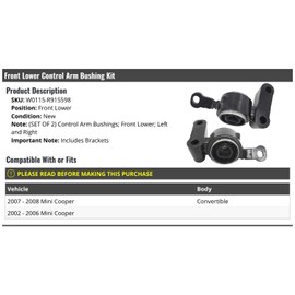 Marketplace Auto Parts Front Lower Control Arm Bushing Set of 2 - Includes Brackets - Compatible with 2002-2008 Mini Cooper Convertible