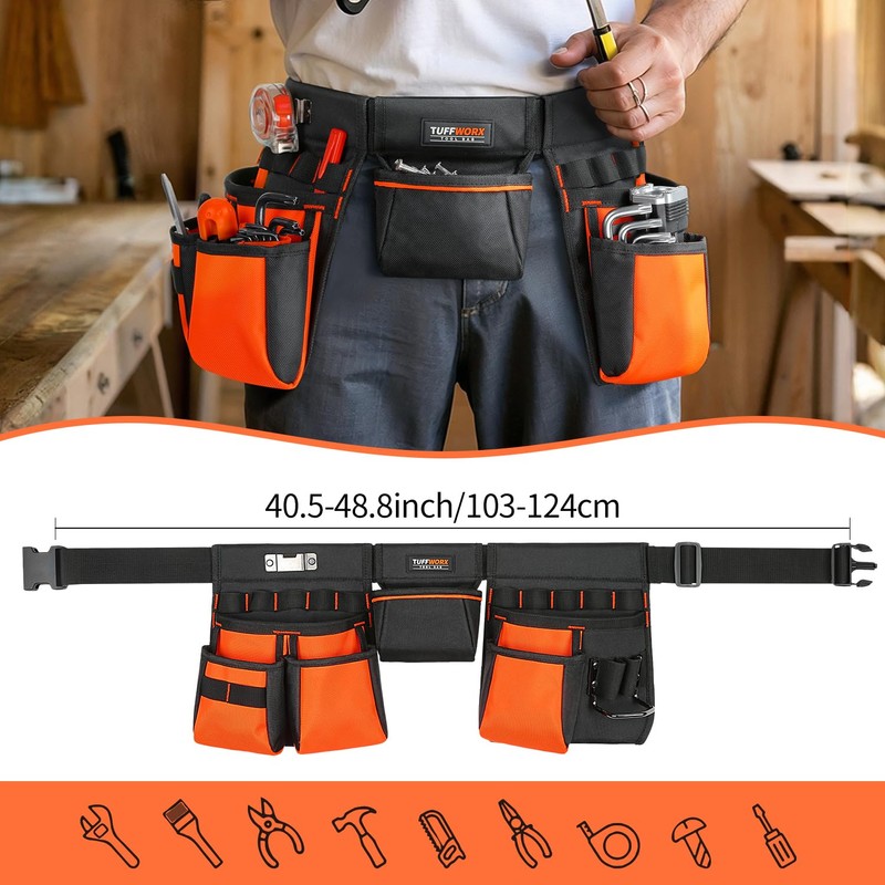 TUFFWORX Tool Belt with Multiple Pockets, Heavy Duty Construction Pouch,