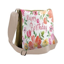 Lunarable Birthday Messenger Bag, Floral Bouquet Calligraphy, Unisex Cross-body