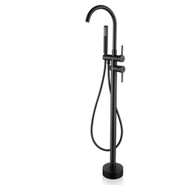 HOZKUY Freestanding Bathtub Faucet Floor Mount Free Standing Faucet Tub Filler Brass Bathroom Tub Faucets Swivel Gooseneck Spout with Hand Shower Mixer Taps Matte Black