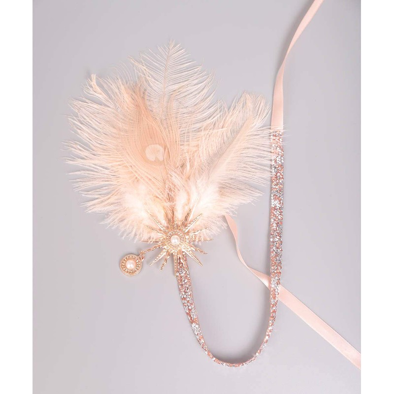 Aimimier 1920s Flapper Feather Headband Champagne Feather Headpiece with Rhinestone