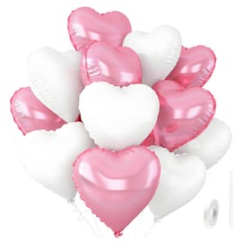 12Pcs Baby Pink & White Heart Balloons, 18 Inch Foil Pastel Pink White Heart Shaped Balloons for Baby Girl Birthday, Baby Shower, Wedding, Anniversary & Princess Theme Party Decorations