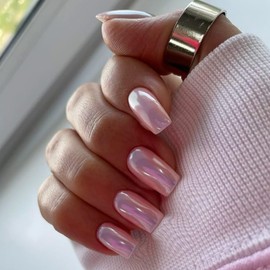 Aurora Light Pink Chrome Press on Nails Short Square,SXVME Gold Nail Fake Nails Medium Plating Mirror Metal Acrylic Nails,False Nails Metallic Nails Press ons Medium Length,Shiny Nail Glue on in 24PCS