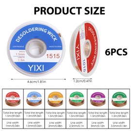 6pcs Desoldering Braid 1.5M Desoldering Copper Wire (1.0/1.5/2.0/2.5/3.0/3.5mm) Desoldering and Removing Solder Joints, High Electrical Conductivity
