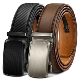 KEMISANT Men Belt 2 Pack, Leather Ratchet Belt Easy Click Slide For Men 1 3/8",Cut for Fit(Black/Tawny,34"-40" Waist Adjustable)