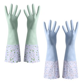 2 Pairs Blue Flock Lining Dishwashing Cleaning Gloves Multi-purpose Long Cuff Household Gloves Reusable Green Rubber Gloves Non-Slip Washing Up Wide Mouth Gloves for Kitchen Bathroom Garden Painting