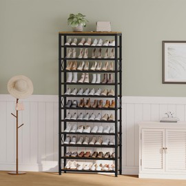 YATINEY 12-Tier Tall Shoe Rack Organizer, Wooden Shoe Storage for Closet Holds 48 Pairs, Sturdy Shoe Shelf with X-Shaped Metal Support, for Entryway, Bedroom, Rustic Brown and Black SS212BR
