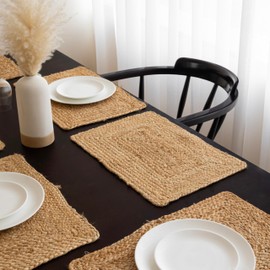 HOMEMONDE Jute Placemats Set of 4 Rectangle - Handwoven Braided Reversible Natural 13x19 Inches Boho Tablemats - Organic Eco Friendly Table Top for Outdoor & Patio