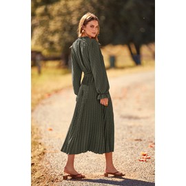 PRETTYGARDEN Womens Swing A Line Dress Elegant Pom Pom Long Sleeve V Neck Midi Flowy Dress (Army Green,Large)