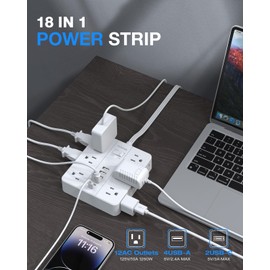 Extension Cord 25 Ft, HUNIAN Flat Plug Power Strip Surge Protector, 12 Widely Spaced Outlets with 6 USB Charger (2 USB C Ports), Desk Charging Station for Home Office Supplies, Dorm Room, White