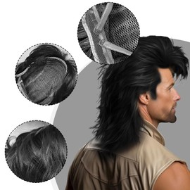 UILYNIU Black Mullet Mens 70s 80s Wig, Men's Rocker Wig, Mens Hippie Wig for Adult, Pop Rock Wigs for Men, Long Wig Curly Wigs Costumes Carnival Halloween Costume Wigs Fancy Dress Party Wigs (Black)
