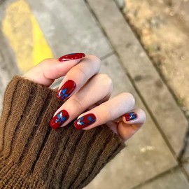 Butterfly Press on Nails Square Short Fake Nails Dark Red Glue on Nails Glossy Artificial False Nails Press Ons Blue Butterfly Acrylic Reusable Full Cover Stick on Nails for Women Girls 24Pcs