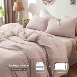 MooMee Bedding Duvet Cover Set 100% Washed Cotton Linen Like Textured Breathable Durable Soft Comfy (Greyish Pink, Queen)