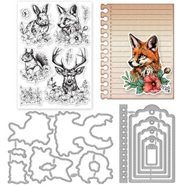 INFUNLY 3pcs Animals Flowers Label Cutting Dies and Clear Stamps Set Reusable Fox Squirrel Silicone Stamps Frame Die Cut Elk Rubber Stamp and Die for Card Making Scrapbooking Embossing Album DIY Craft