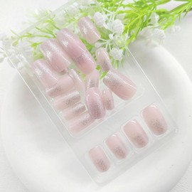 Medium Press on Nails Square Fake Nails White Gradient Glue on Nails with Silver Glitter Design Light Pink False Nails Glossy Square Medium Nails Press ons Cute Acrylic Nails for Girls Women 24Pcs