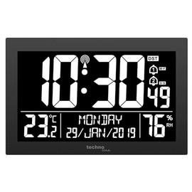 Technoline WS 8017 Radio-Controlled Wall Clock/Table Clock with Temperature, Air Humidity, Date, Day, 2 Alarm Times, 225 x 143 x 24 mm, Black
