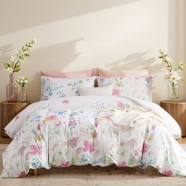 Lanqinglv Bed Linen Set, 200 x 200 cm, Purple/White Leaves, Floral Pattern, Plants, Reversible, Colourful, Microfibre, Renforcé Duvet Cover with Zip, 2 Pillowcases, 80 x 80 cm