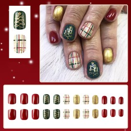 24Pcs Christmas Press on Nails Short Square Fake Nails Xmas Tree False Nails with Gold Glitter Designs Colorful Glossy Acrylic Artificial Nails Set Reusable Glue on Nails for Women Girls