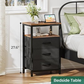 Huuger Nightstand with Charging Station, 27.6 Inch Side Table with Fabric Drawers, End Table Bedside Table with USB Ports and Outlets, Night Stand for Bedroom - Color: Gray