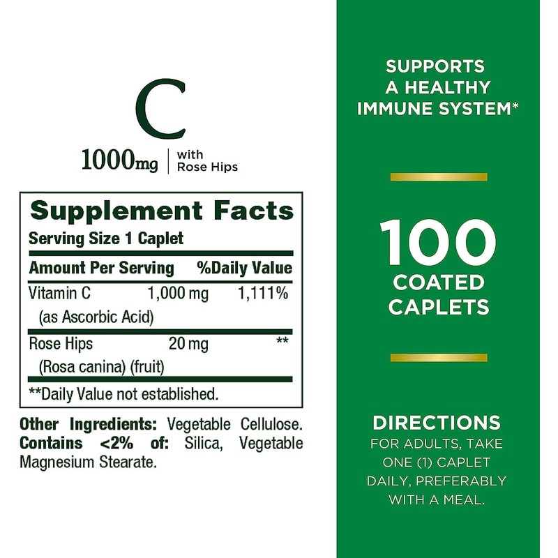 Nature's Bounty Vitamin C + Rose Hips, Immune Support, 1000mg,
