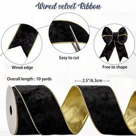 Hollyone 63mm x 10yd Black Velvet Ribbons, 2PCS Thick Christmas Ribbons for Gift Wrapping, Wide Ribbons for Crafting, Wired Ribbons for Wedding Car, Xmas Tree, Birthday Decorations
