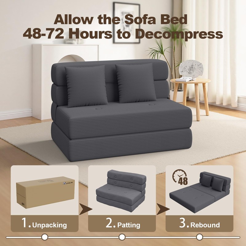 Folding Sofa Bed, One-Piece High-Density Foam Sleeper Chair, Grey, Twin