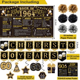 60th Birthday Decorations for Men Women,24PCS 1964 Banner Decorations,Including 1964 Banner,6 Honeycomb Topper,60 Balloons,Anniversary Card,Cheers to 60 years banner,7 Hanging Swirl,6 paper Poms,sash