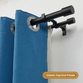Double Curtain Rods 36-72", Matte Black Double Curtain Rods with Cap Finials, Adjustable 1 Inch Front and 5/8 Inch Back Double Drapery Rod, Telescoping Double Rods Curtain Rods