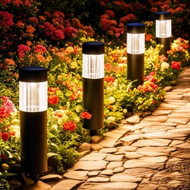 Solar Pathway Lights Outdoor Waterproof, 4 Pack Stainless Steel Stake Lights, Bright 35LM 3000K Warm White LED, IP65 Auto On/Off Landscape Lighting for Garden, Yard, Lawn, Walkway, Patio, Driveway