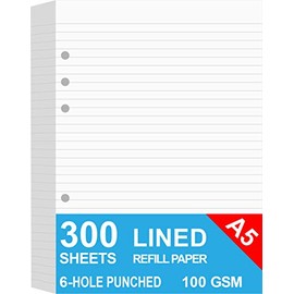 (3-Pack) A5 Lined Refills Paper for Filofax Planner/Binders/Organizer, 6 Hole Punched, Total 300 Sheets/600 Pages, 100gsm, White, 5.8 x 8.2 Inch
