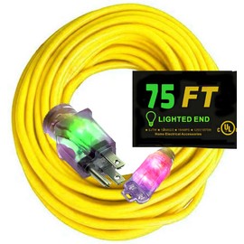 pizety 12/3 Heavy Duty Extension Cord 75 ft 12 Gauge Extension Cords Rated up to 1875 Watts 125V, 15Amp Lighted SJTW Indoor Outdoor 12 Gauge Grounded Cord UL Listed 12 Awg Outlet Extension Cord 75 ft