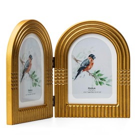 ibalux 5x7 Double Hinged Picture Frame, Arched Photo Frame, Engineered Wood with Real Glass, Matted to 4x6, Vertical Format for Tabletop or Desktop Display, Vintage Antique Gold