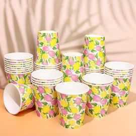 Whaline 50 Pcs Summer Lemon Paper Cups Watercolor Pink Yellow Lemon Disposable Cups for Hot Cold Drinks Birthday Holiday Fruit Party Table Supplies, 9 Oz