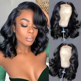 VRBest Wear and Go Glueless Bob Wig Human Hair Body Wave 5x5 Closure Wigs Human Hair 180% Density HD Transparent Lace Front Human Hair Pre Plucked Weavy Wigs for Women (12 inch, Natural Black)