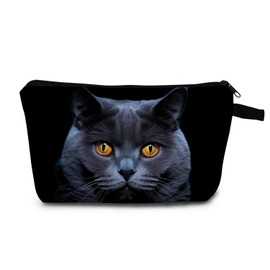 MoCaliduccious British Blue Cat Makeup Bag Black Background Enchanting Feline Print Cosmetic Pouch for Cat Lovers Travel Toiletry Organizer Great Gift for Women & Teens