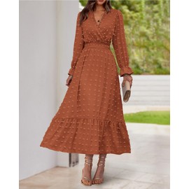 BTFBM Women Fall Dresses 2023 Long Sleeve V Neck Swiss Dots Maxi Dress Boho Long Dress High Waisted A-Line Ruffle Dress(Solid Orange,Small)