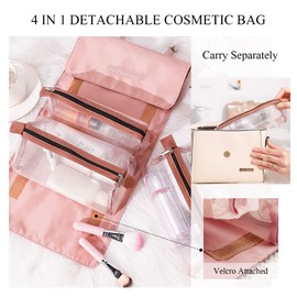 LumiSyne 4 in 1 Removable Toiletry Bag, Hanging Roll-up Cosmetic Bag, Large Capacity Mesh Wash Bag, Portable Foldable Toiletry Bag, Waterproof Makeup Bags, Organiser for Travel, Daily, khaki