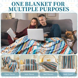 Qucover Ultra Soft Bed Throws, Blue Stripe Comfy Flannel Throws for Sofas, Couch and Chair, Decorative Bohemian Aztec Blanket for Bed Warm and Lightweight for All Seasons, Twin Double 150x200cm