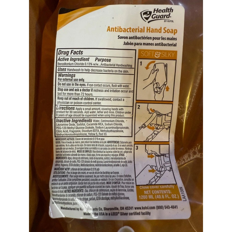 Kutol 8ct - 1200ml Health Guard Kutol 5012 Antibacterial Liquid
