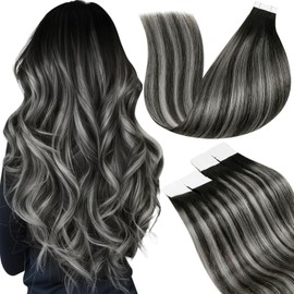 LaaVoo Tape in Hair Extensions Human Hair 20pcs Real Remy Balayage Natural Black & Silver, Straight Hair with Invisible Tape, Single Sided Tabs & Retape Ready Extensions 50g 24 Inch #1b/s/1b