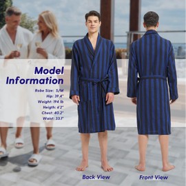 FashGudim Men's Cotton Lightweight Thin Short Dressing Gown Checked Summer Shawl Collar Tartan Pattern, Blue & Black Striped