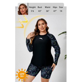 Halcurt Women Built in Bra Long Sleeve Swim Suit Two Piece Rash Guard 2 Black 1X