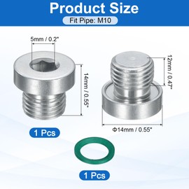sourcing map M10x1 Inner Hex Head Pipe Fitting Plug, Universal 304 Stainless Steel Thread Socket Plug with Green O-Ring for Terminate Pipe Ends or Replacement Drains