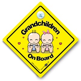 Grandchildren On Board Car Sign, Grandchildren Car Sign, High Visibility Baby On Board Sign Designed to Let Other Road Users Grandchild on Board, Suction Cup Baby Sign 14 Cm x 14cm x 2cm