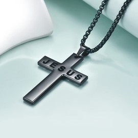 Rnivida Black Stainless Steel Jesus Cross Necklace with Chain 24'',Baptism Gifts for Men,First Communion,Religious Christian Jewelry Gifts for Men Husband Father
