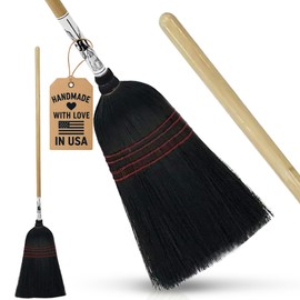 Handmade Amish Corn Broom with Wooden Handle – 57" Heavy Duty Broom for Courtyard, Lobby & Market, 100% Corn Fill Straw Broo'm, 4 Sews Indoor & Outdoor Bristle for Sweeping - Black